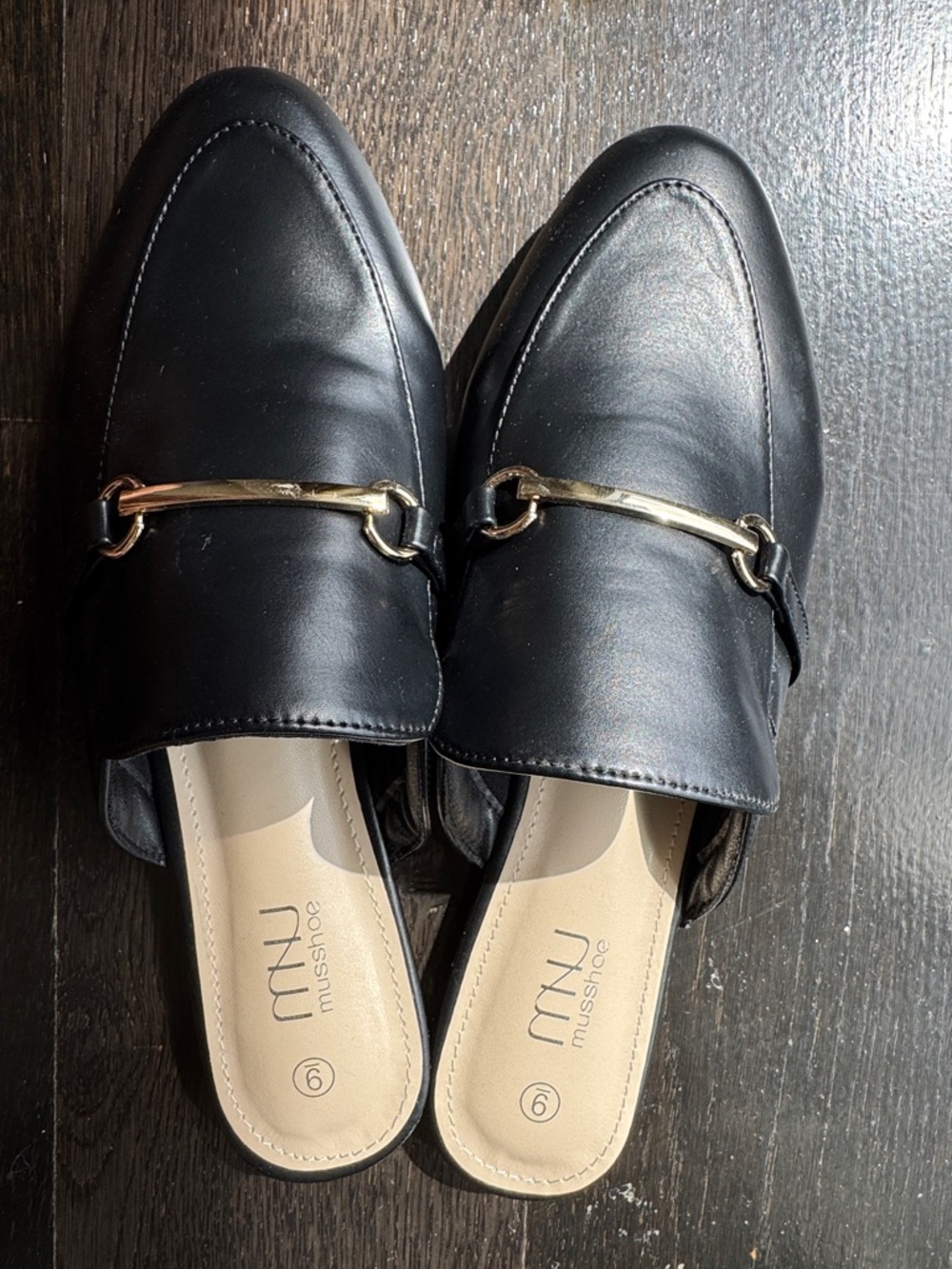 Musshoe Black Leather Slip-On Mule Loafers with Gold Accent size 9 - Picture 3 of 5